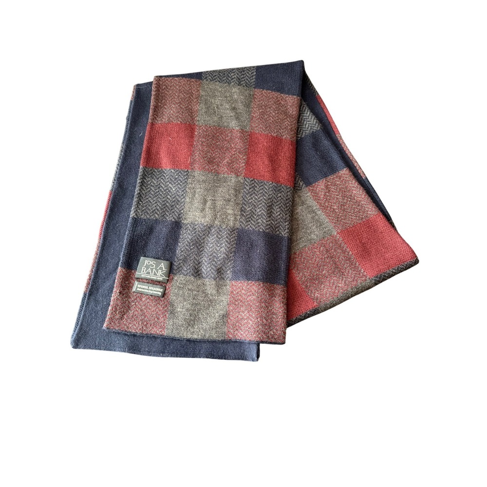 Jos A Bank Mens Scarf Navy Blue Burgundy Grey Buffalo Check Wool Blend Plaid